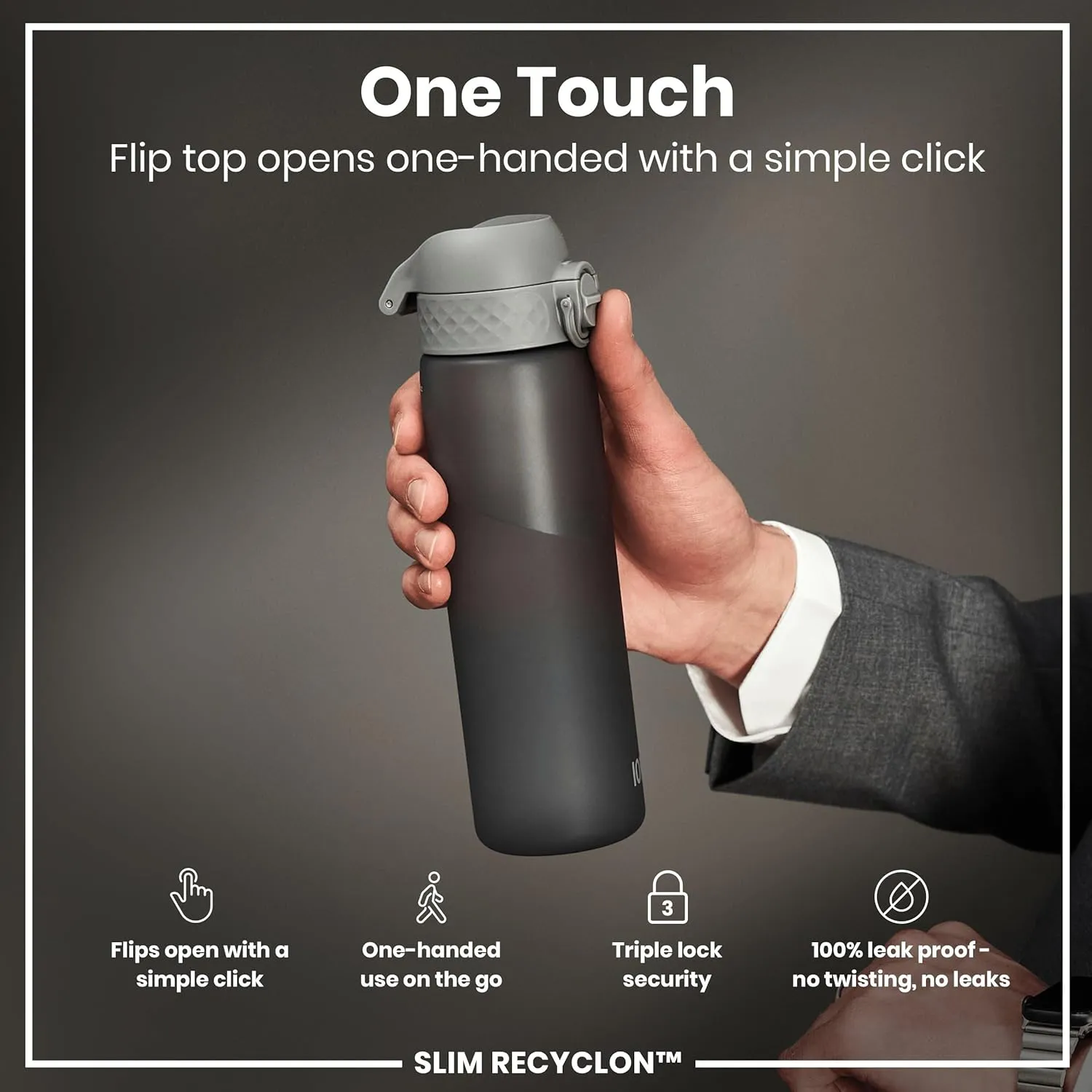 Ion8 Water Bottle, 500 ml/18 oz, Leak Proof, Easy to Open, Secure Lock, Dishwasher Safe, BPA Free, Hygienic Flip Cover, Carry Handle, Fits Cup Holders, Easy Clean, Odor Free, Carbon Neutral