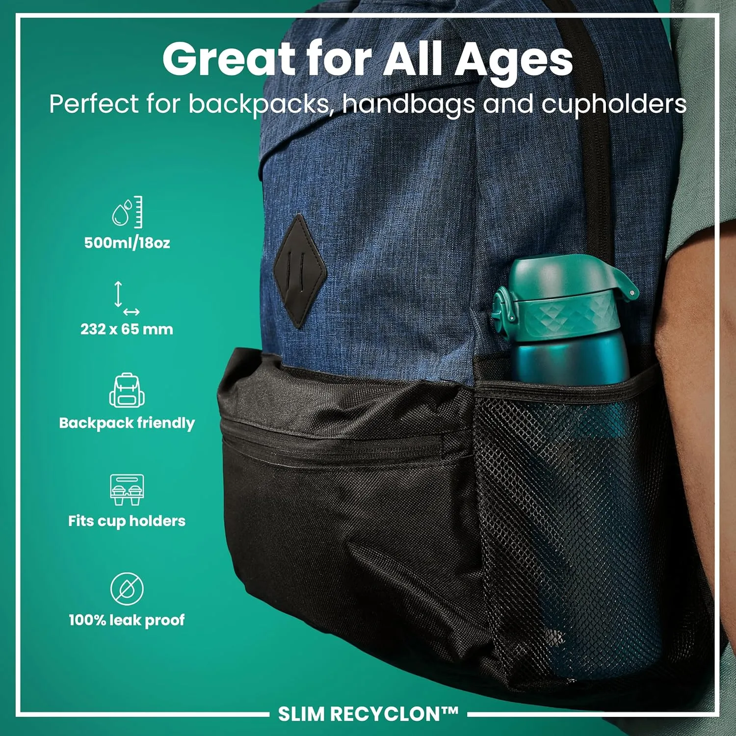 Ion8 Water Bottle, 500 ml/18 oz, Leak Proof, Easy to Open, Secure Lock, Dishwasher Safe, BPA Free, Hygienic Flip Cover, Carry Handle, Fits Cup Holders, Easy Clean, Odor Free, Carbon Neutral