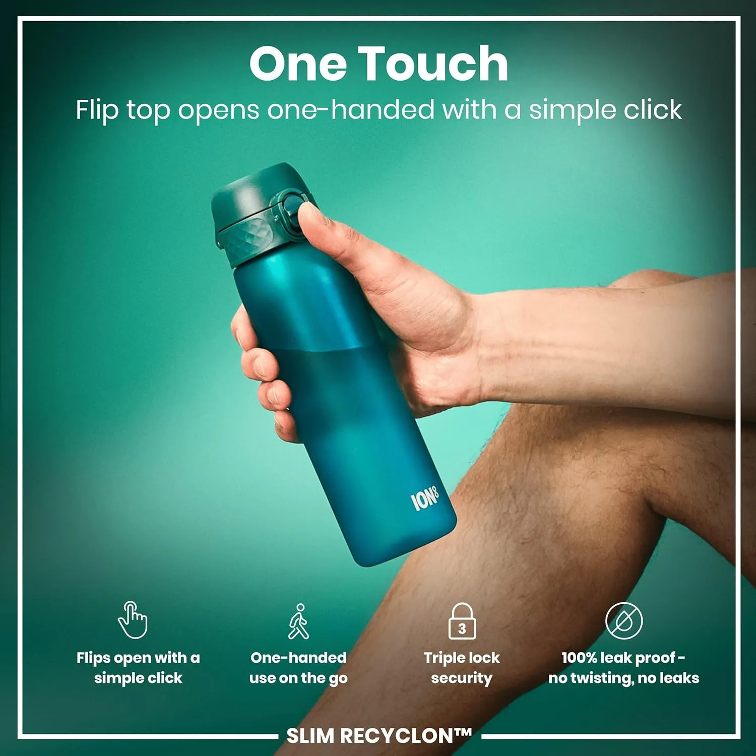 Ion8 Water Bottle, 500 ml/18 oz, Leak Proof, Easy to Open, Secure Lock, Dishwasher Safe, BPA Free, Hygienic Flip Cover, Carry Handle, Fits Cup Holders, Easy Clean, Odor Free, Carbon Neutral