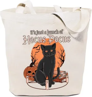 It's Just A Bunch Of Hocus Pocus Canvas Tote Bag for Women Halloween Black Cat Graphic Reusable Grocery Shopping Bags