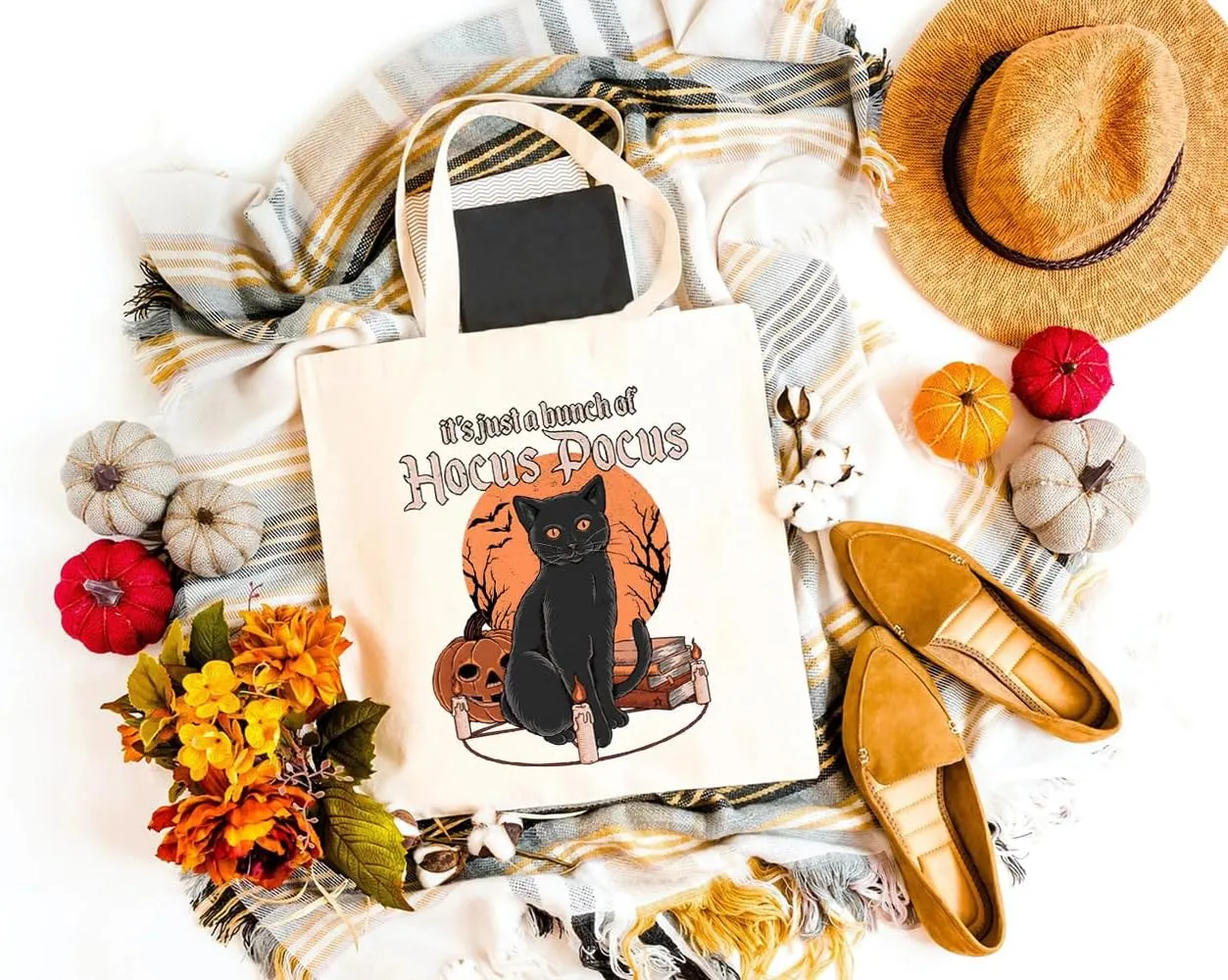 It's Just A Bunch Of Hocus Pocus Canvas Tote Bag for Women Halloween Black Cat Graphic Reusable Grocery Shopping Bags