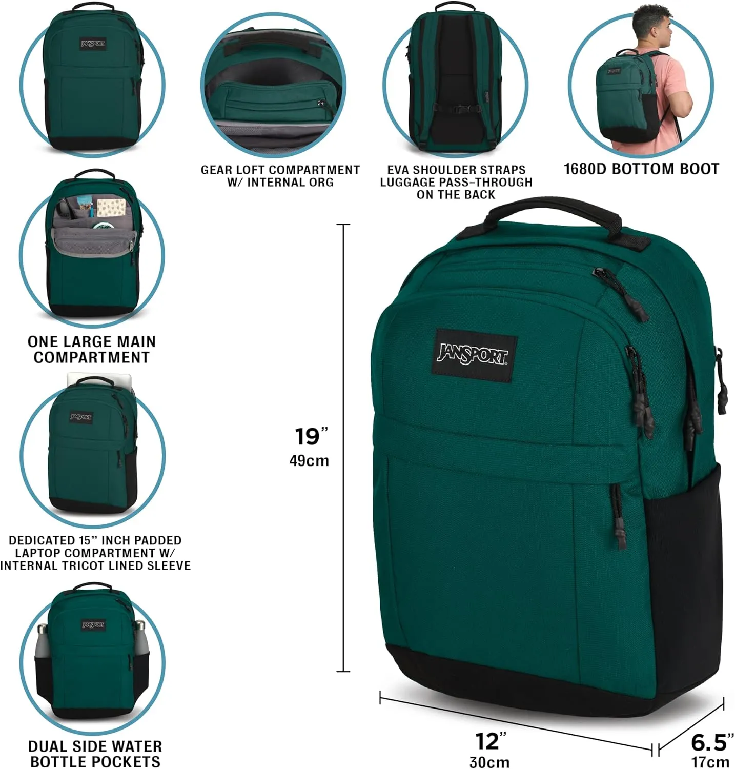 JanSport Landings Pack – Large Backpack with Soft Back Panel, Dual Water Bottle Pockets, 15-Inch Padded Laptop Compartment, Elemental Blue
