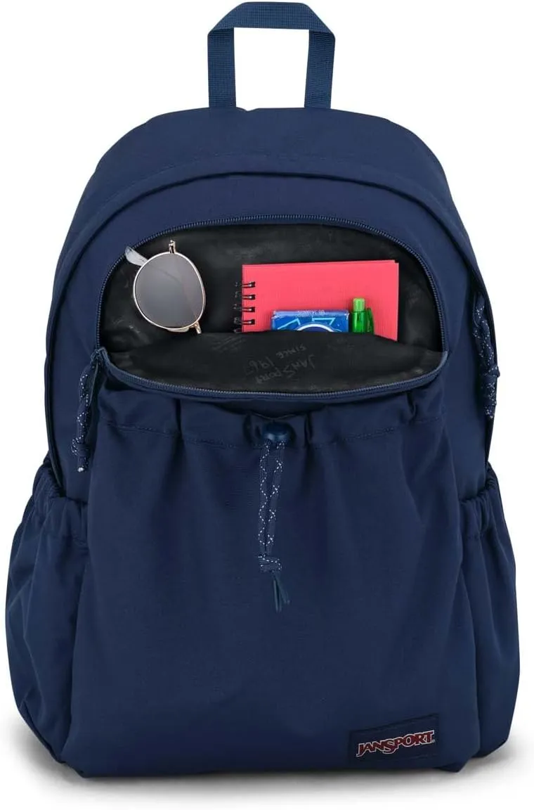 JanSport Lounge Pack – Large Main Compartment, Dual Water Bottle Pockets, Front Drawcord Pocket, Padded Laptop Sleeve, Navy