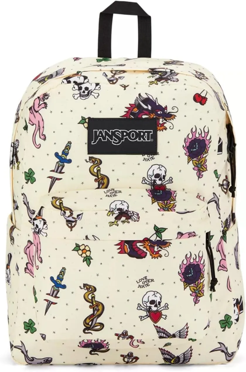 JanSport SuperBreak Plus Backpack with Padded 15-inch Laptop Sleeve and Integrated Bottle Pocket - Spacious and Durable Daypack for Work and Travel - Traditional Tats