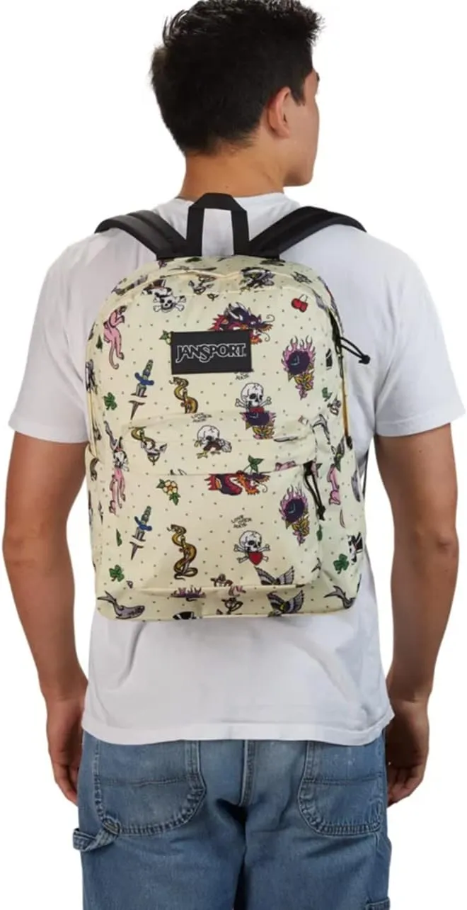 JanSport SuperBreak Plus Backpack with Padded 15-inch Laptop Sleeve and Integrated Bottle Pocket - Spacious and Durable Daypack for Work and Travel - Traditional Tats