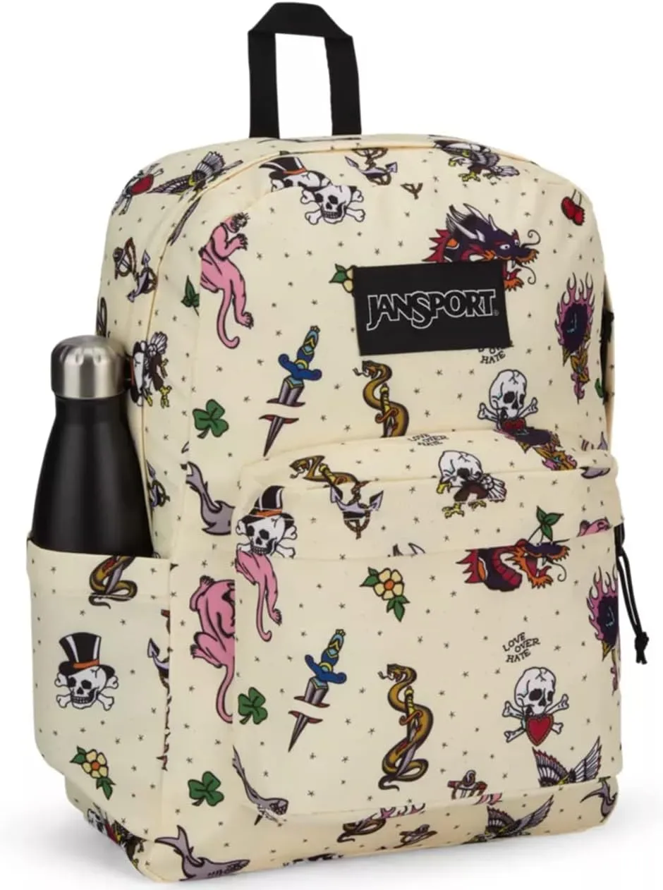 JanSport SuperBreak Plus Backpack with Padded 15-inch Laptop Sleeve and Integrated Bottle Pocket - Spacious and Durable Daypack for Work and Travel - Traditional Tats