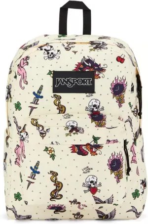 JanSport SuperBreak Plus Backpack with Padded 15-inch Laptop Sleeve and Integrated Bottle Pocket - Spacious and Durable Daypack for Work and Travel - Traditional Tats