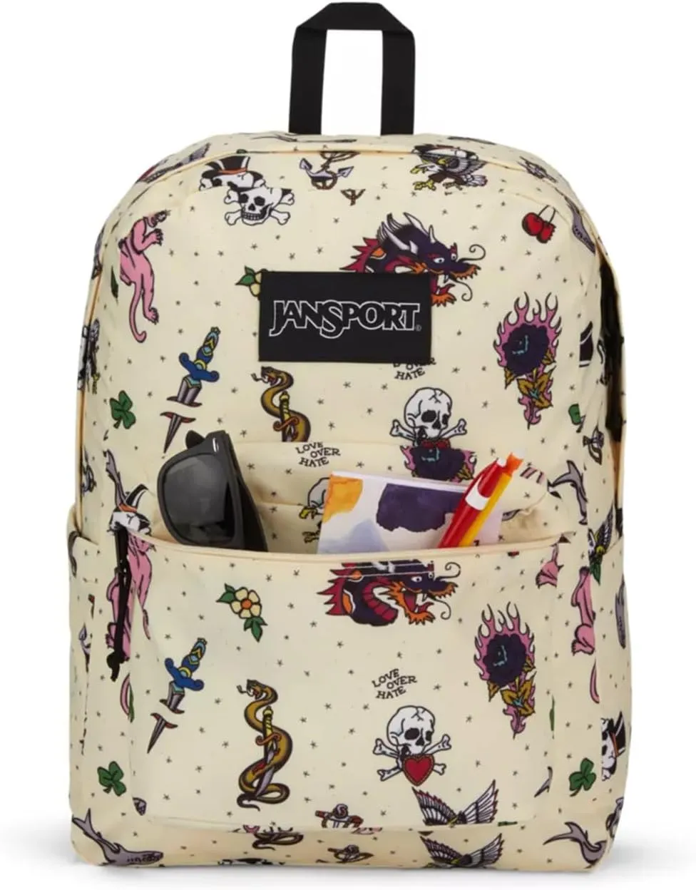 JanSport SuperBreak Plus Backpack with Padded 15-inch Laptop Sleeve and Integrated Bottle Pocket - Spacious and Durable Daypack for Work and Travel - Traditional Tats
