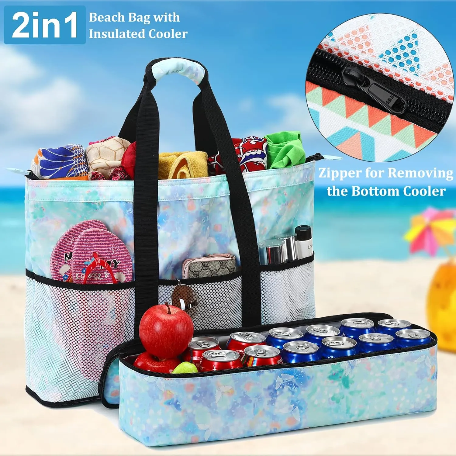JIANYA Beach Bag Women Waterproof Sandproof Beach Tote Bags with Cooler Top Zipper Large Totes for Pool Travel Daily