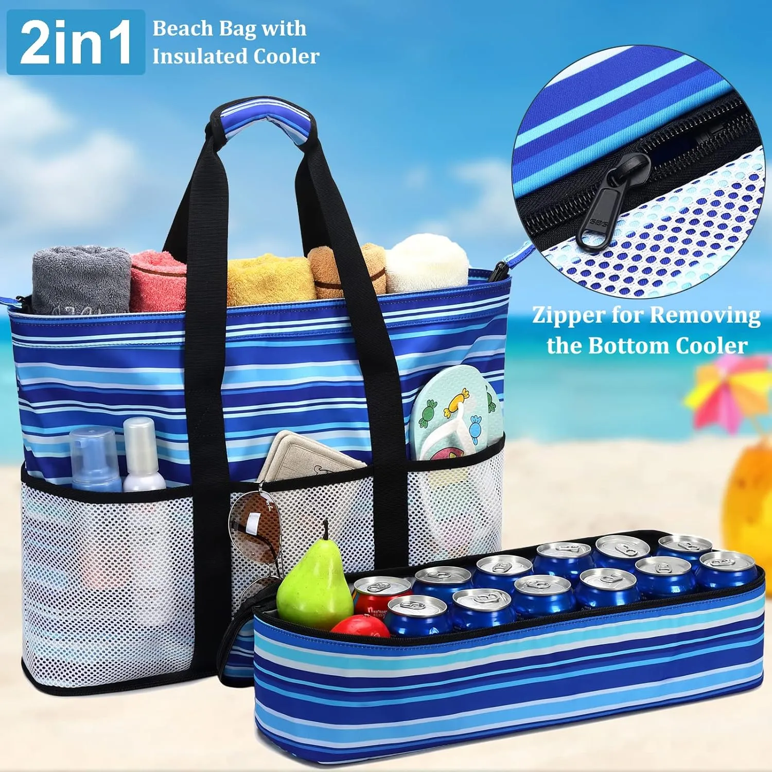 JIANYA Beach Bag Women Waterproof Sandproof Beach Tote Bags with Cooler Top Zipper Large Totes for Pool Travel Daily