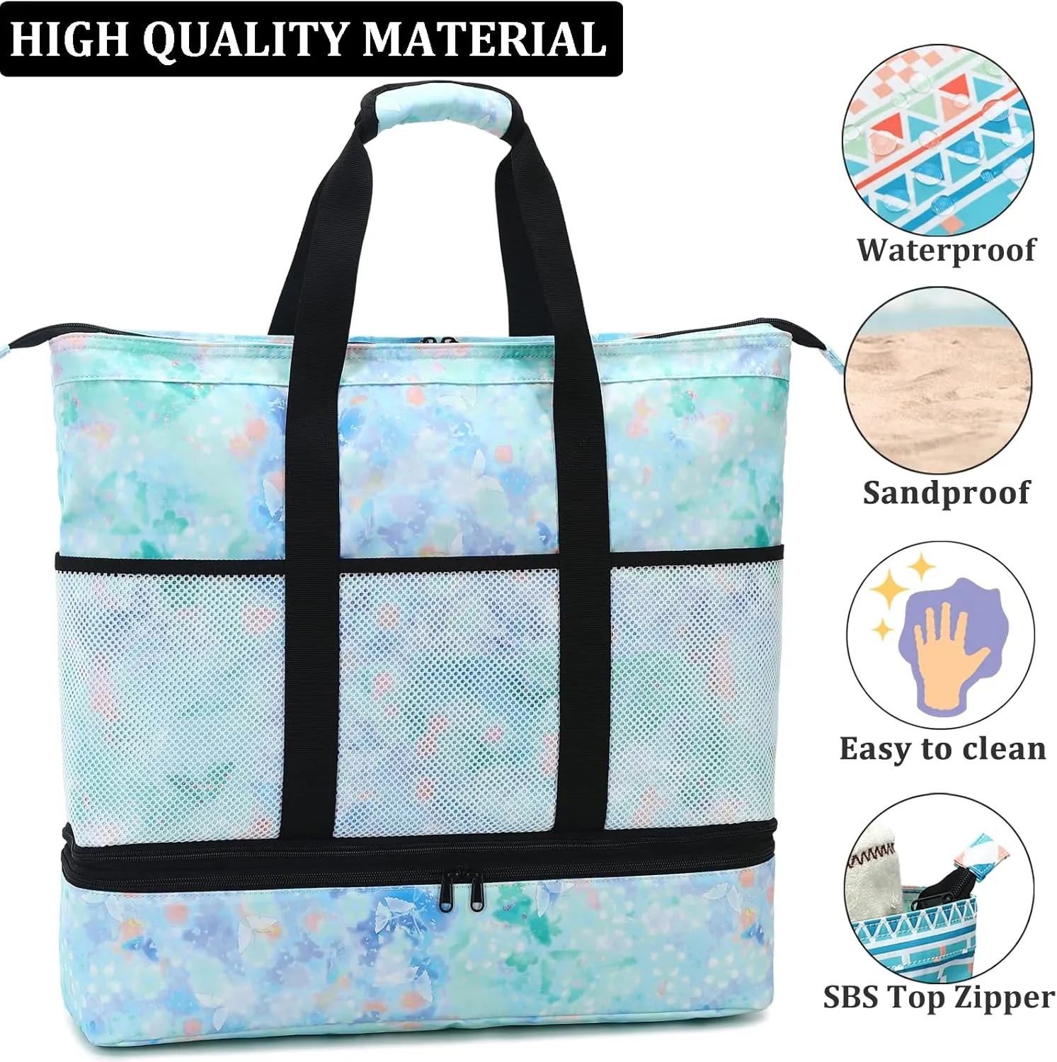 JIANYA Beach Bag Women Waterproof Sandproof Beach Tote Bags with Cooler Top Zipper Large Totes for Pool Travel Daily