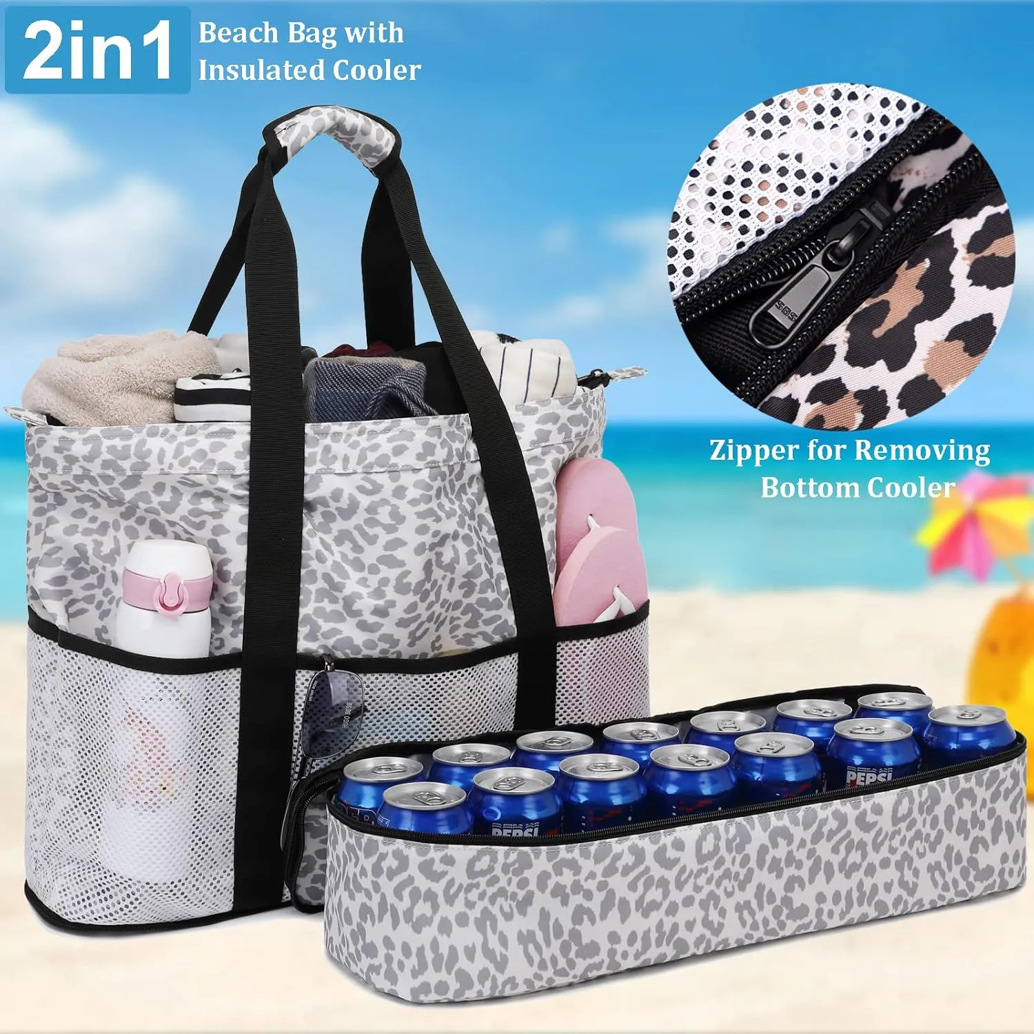 JIANYA Beach Bag Women Waterproof Sandproof Beach Tote Bags with Cooler Top Zipper Large Totes for Pool Travel Daily