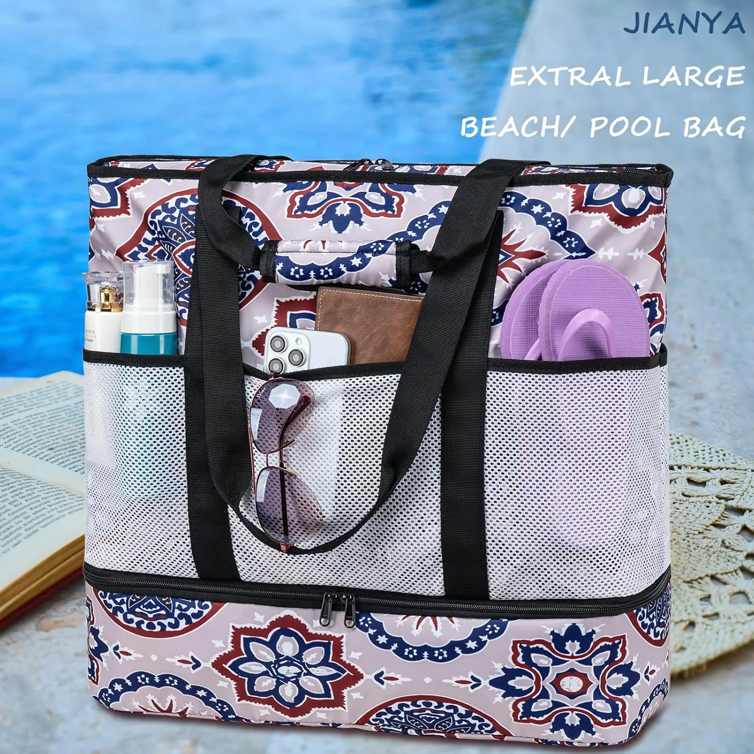 JIANYA Beach Bag XL Women Waterproof Beach Tote Pool Bags with Cooler Sandproof Beach Essentials for Beach Vacation Travel