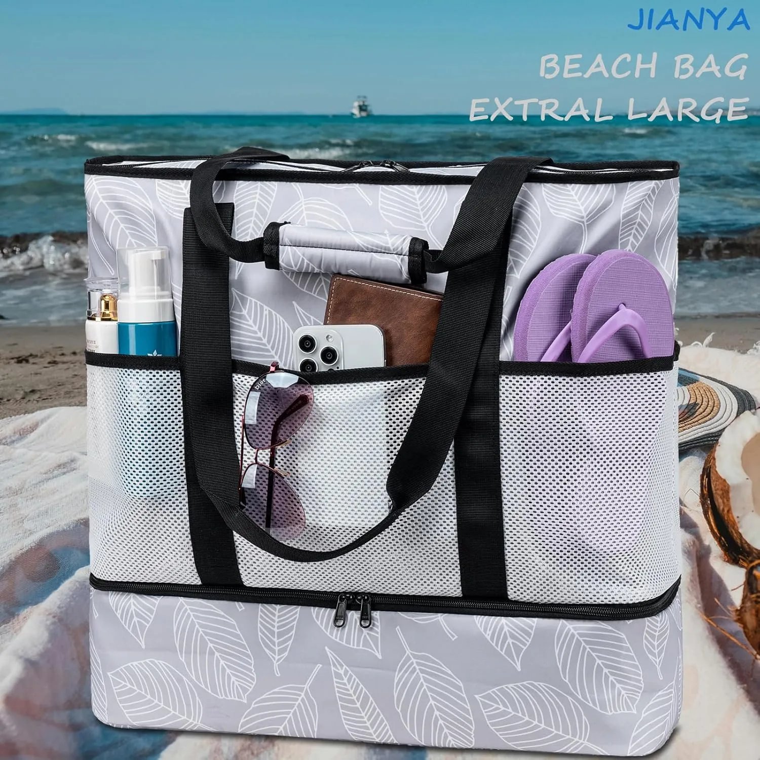 JIANYA Beach Bag XL Women Waterproof Beach Tote Pool Bags with Cooler Sandproof Beach Essentials for Beach Vacation Travel