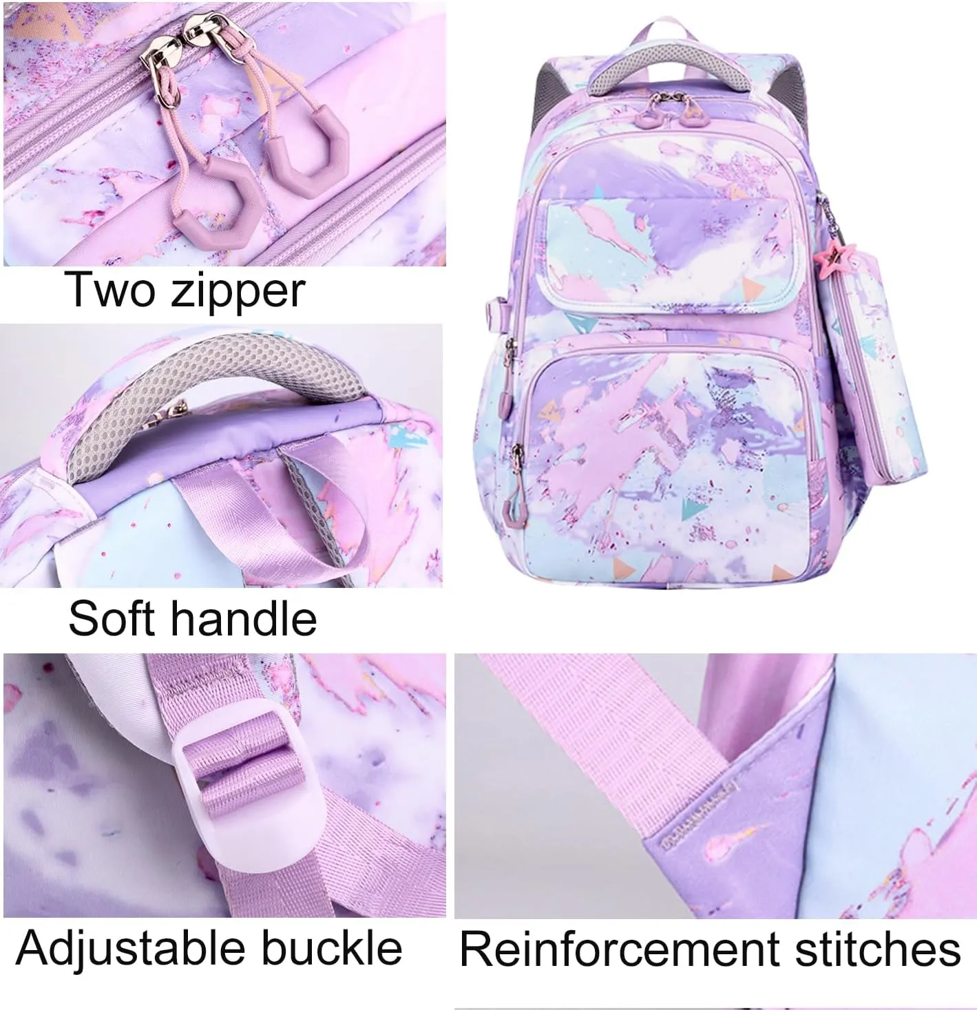 JiaYou Junior Middle School 3Pcs Backpack Sets High School Laptop Bag Marble pattern Daypack with Lunch bag(Purple,34 Liters)