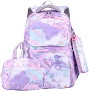 JiaYou Junior Middle School 3Pcs Backpack Sets High School Laptop Bag Marble pattern Daypack with Lunch bag(Purple,34 Liters)