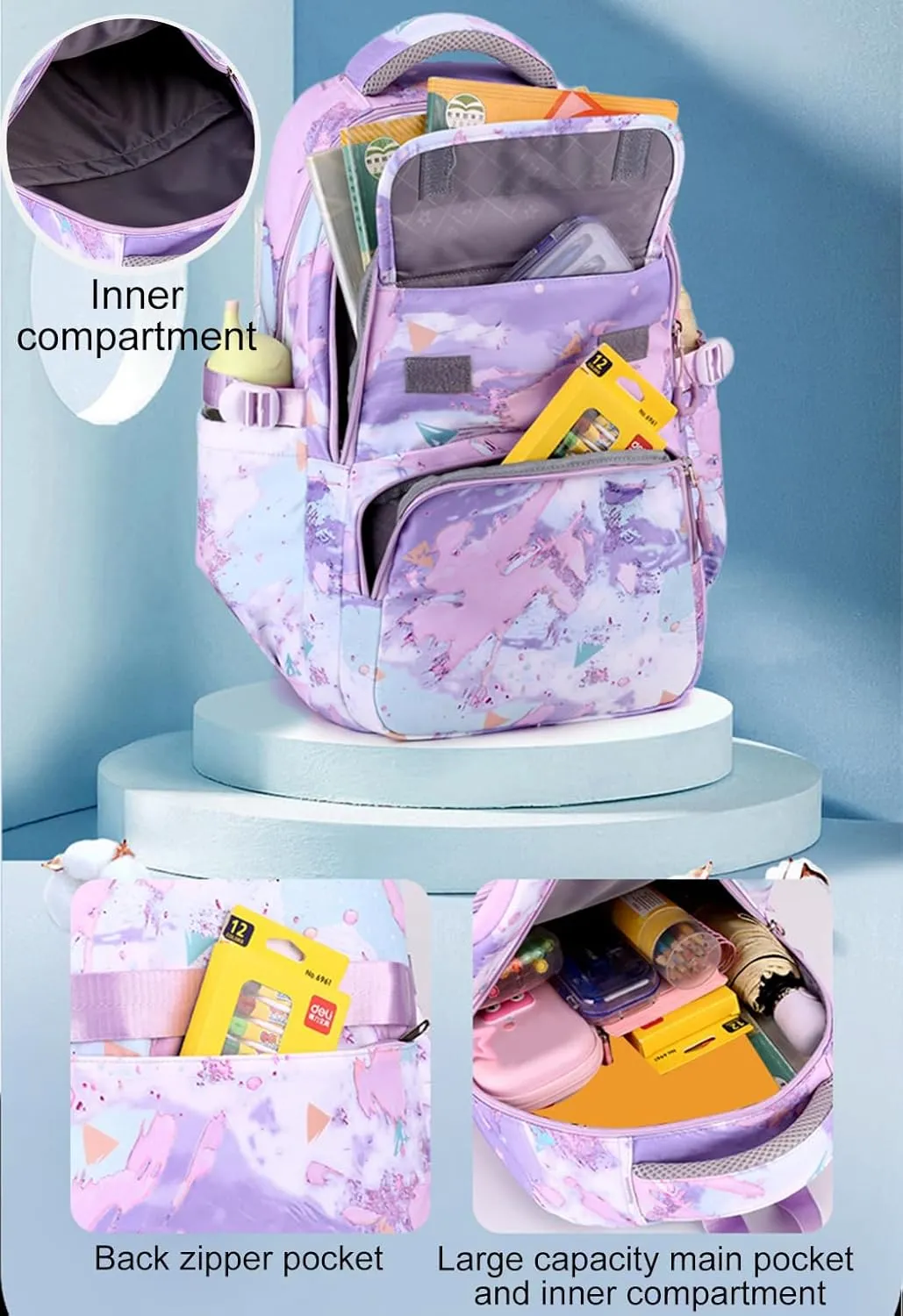 JiaYou Junior Middle School 3Pcs Backpack Sets High School Laptop Bag Marble pattern Daypack with Lunch bag(Purple,34 Liters)