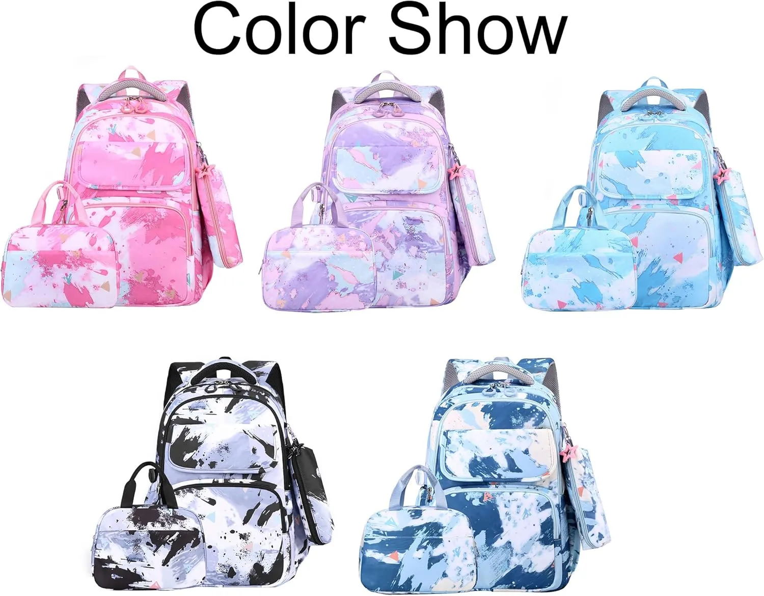 JiaYou Junior Middle School 3Pcs Backpack Sets High School Laptop Bag Marble pattern Daypack with Lunch bag(Purple,34 Liters)
