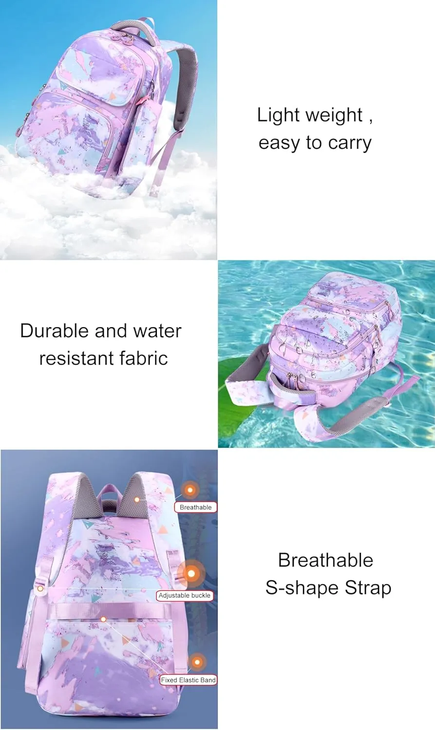 JiaYou Junior Middle School 3Pcs Backpack Sets High School Laptop Bag Marble pattern Daypack with Lunch bag(Purple,34 Liters)