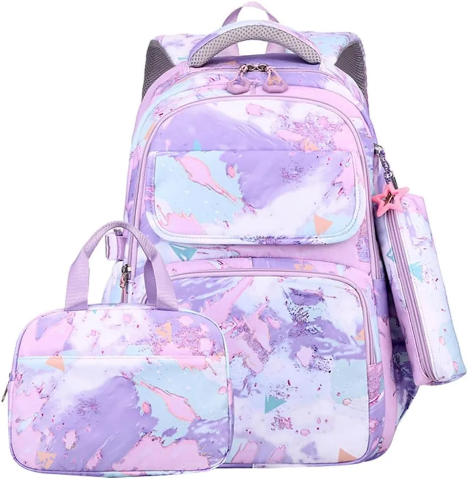 JiaYou Junior Middle School 3Pcs Backpack Sets High School Laptop Bag Marble pattern Daypack with Lunch bag(Purple,34 Liters)