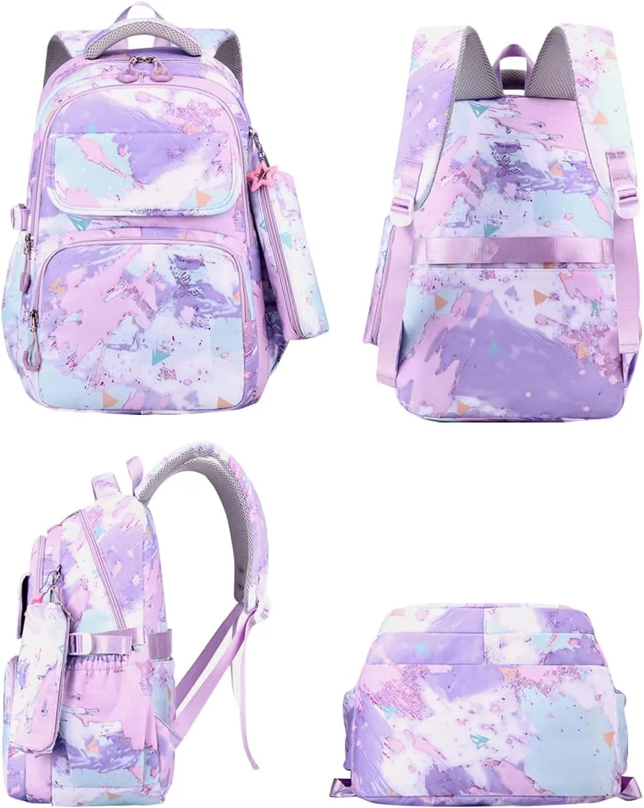 JiaYou Junior Middle School 3Pcs Backpack Sets High School Laptop Bag Marble pattern Daypack with Lunch bag(Purple,34 Liters)