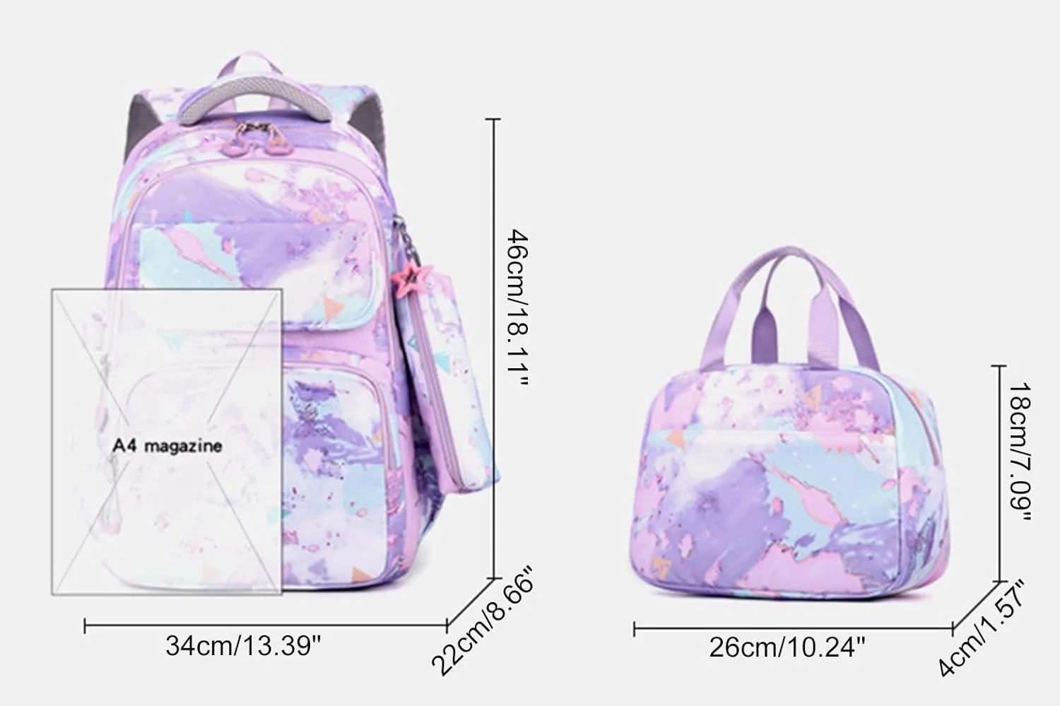 JiaYou Junior Middle School 3Pcs Backpack Sets High School Laptop Bag Marble pattern Daypack with Lunch bag(Purple,34 Liters)