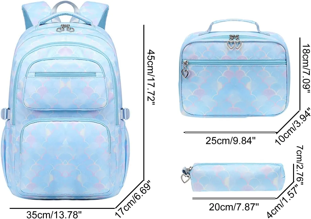 JiaYou School Backpack Sets 3pcs Fish Scale Pattern Daypack For Teens Girls Primary School Students(Blue Fish Scale,26 Liters)