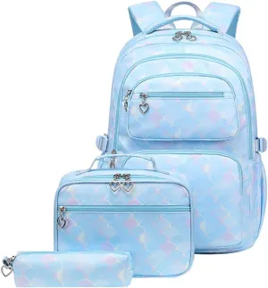 JiaYou School Backpack Sets 3pcs Fish Scale Pattern Daypack For Teens Girls Primary School Students(Blue Fish Scale,26 Liters)