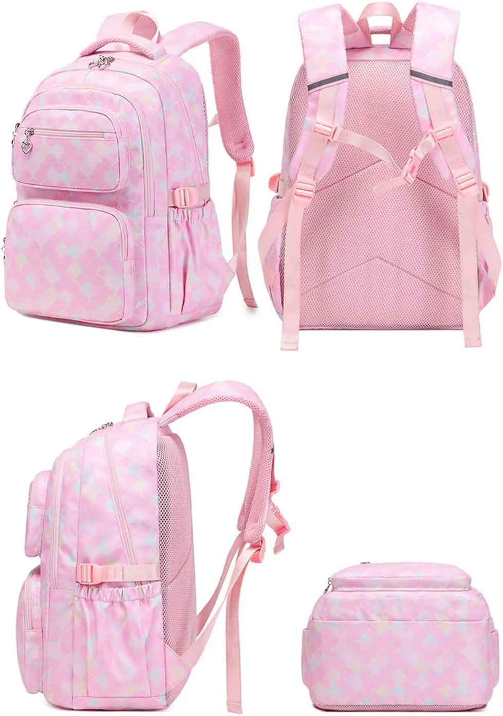 JiaYou School Backpack Sets 3pcs Fish Scale Pattern Daypack For Teens Girls Primary School Students(Blue Fish Scale,26 Liters)