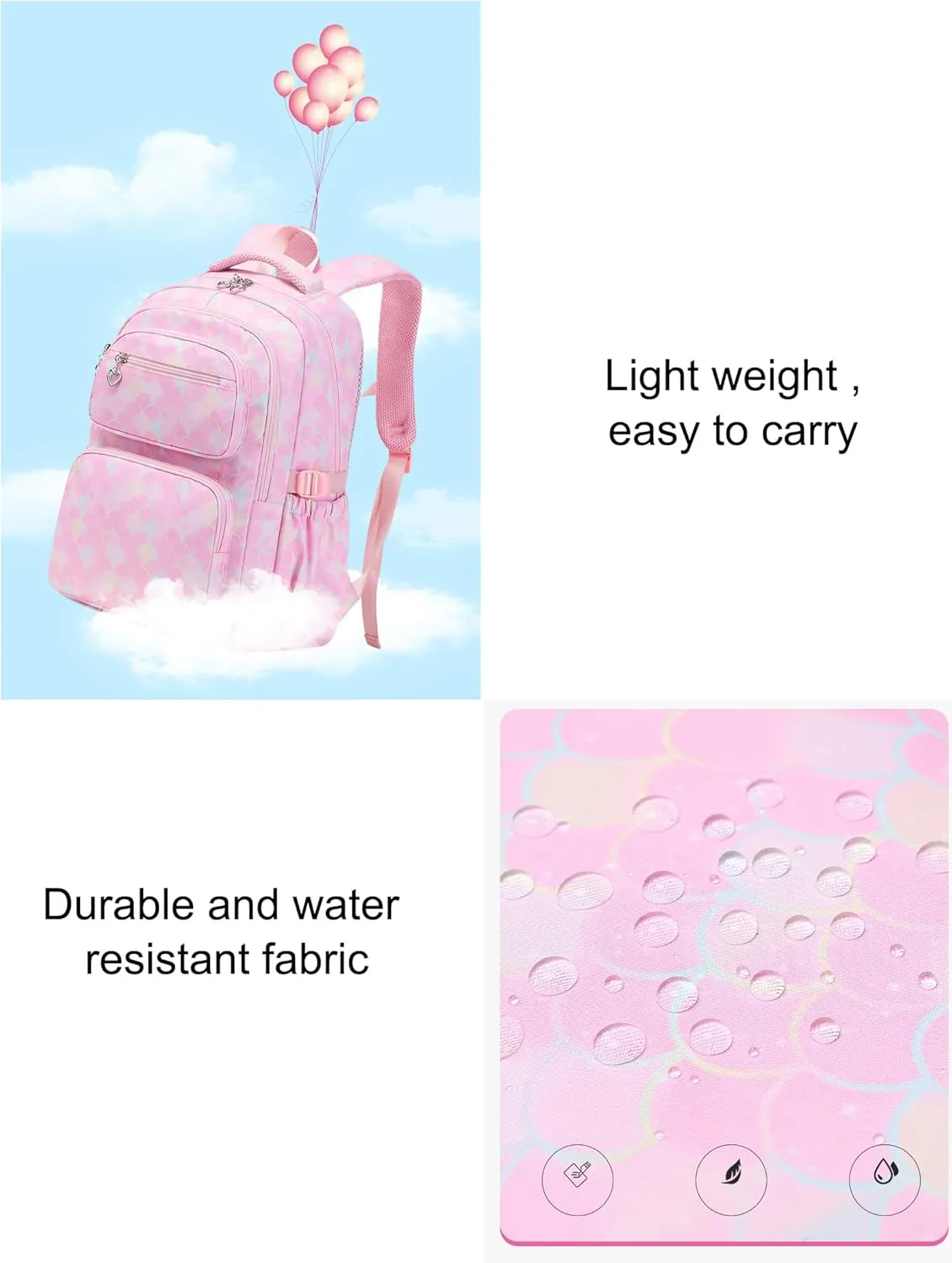JiaYou School Backpack Sets 3pcs Fish Scale Pattern Daypack For Teens Girls Primary School Students(Blue Fish Scale,26 Liters)