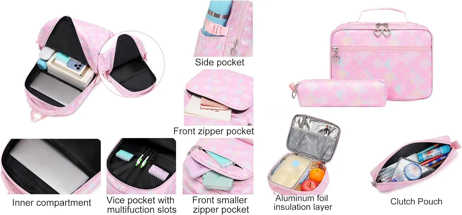 JiaYou School Backpack Sets 3pcs Fish Scale Pattern Daypack For Teens Girls Primary School Students(Blue Fish Scale,26 Liters)