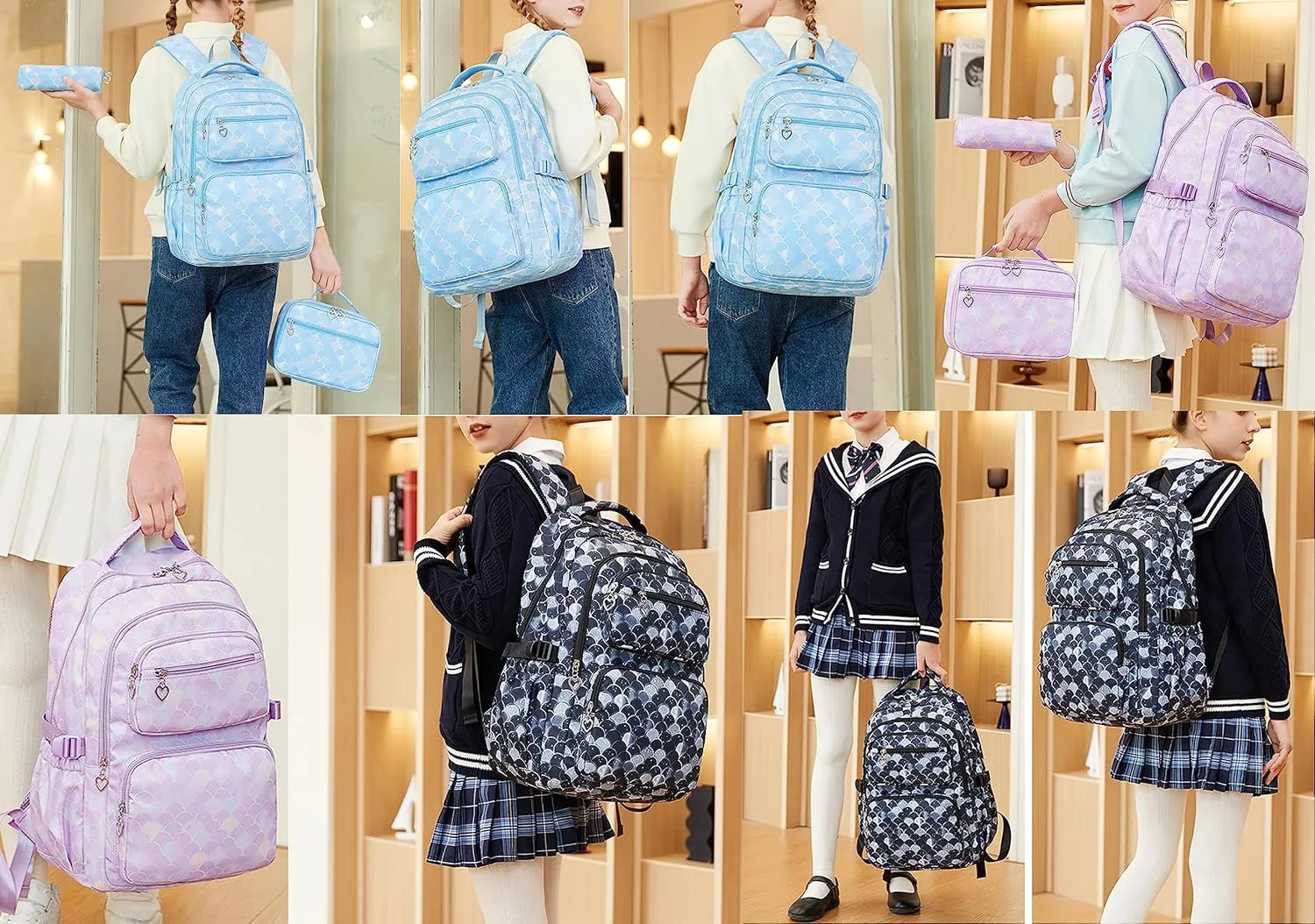 JiaYou School Backpack Sets 3pcs Fish Scale Pattern Daypack For Teens Girls Primary School Students(Blue Fish Scale,26 Liters)