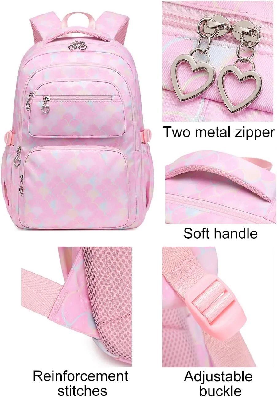 JiaYou School Backpack Sets 3pcs Fish Scale Pattern Daypack For Teens Girls Primary School Students(Blue Fish Scale,26 Liters)