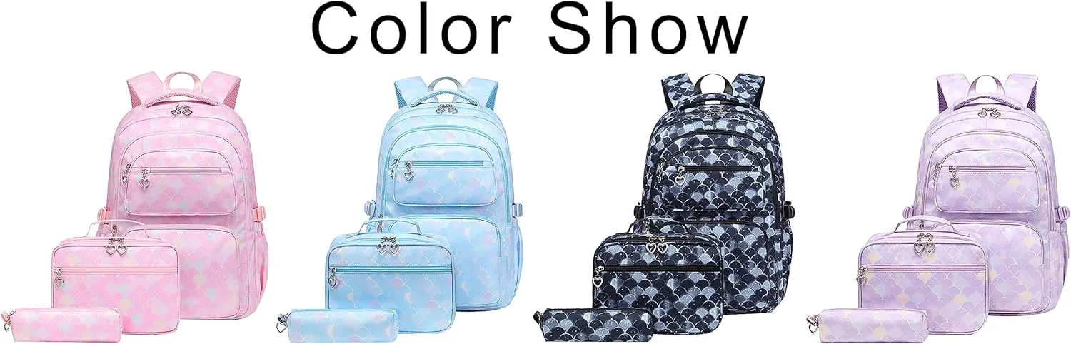 JiaYou School Backpack Sets 3pcs Fish Scale Pattern Daypack For Teens Girls Primary School Students(Blue Fish Scale,26 Liters)