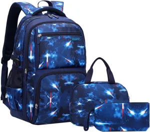 JiaYou Space Pattern Galaxy Backpack Boys Primary Junior Middle School Daypack Men High Middle School Laptop Bag(Space-Blue,3Pcs Backpack Set)