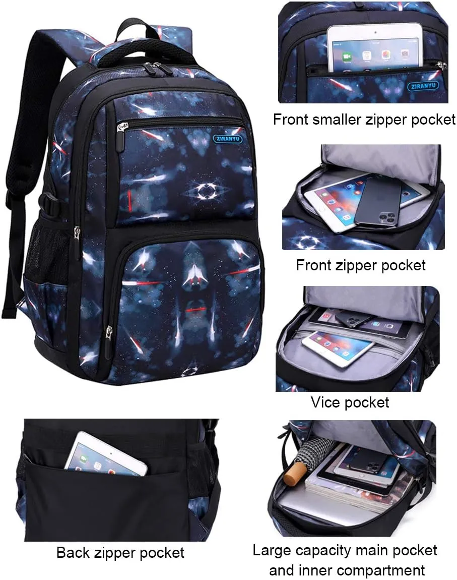 JiaYou Space Pattern Galaxy Backpack Boys Primary Junior Middle School Daypack Men High Middle School Laptop Bag(Star-Blue,3Pcs Backpack Set)