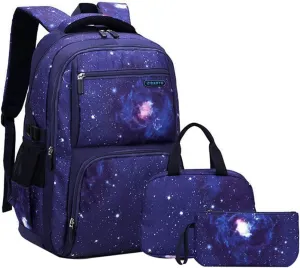 JiaYou Space Pattern Galaxy Backpack Boys Primary Junior Middle School Daypack Men High Middle School Laptop Bag(Star-Blue,3Pcs Backpack Set)