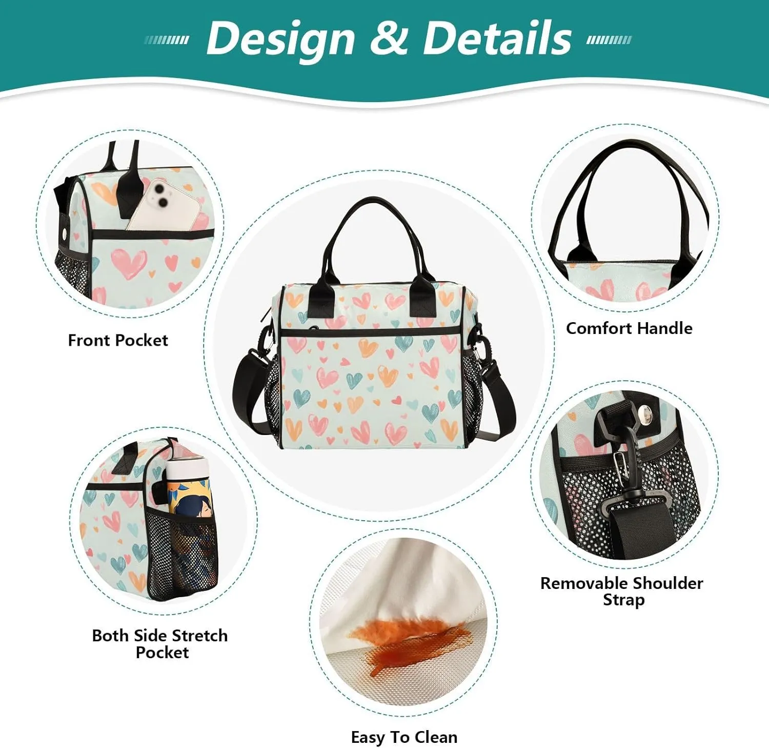 JIPONI Love Chalk Painting Insulated Lunch Bag for Women, Lunch Box With Adjustable Shoulder Belt Cooler Tote Bags For Work, Camping, Picnic