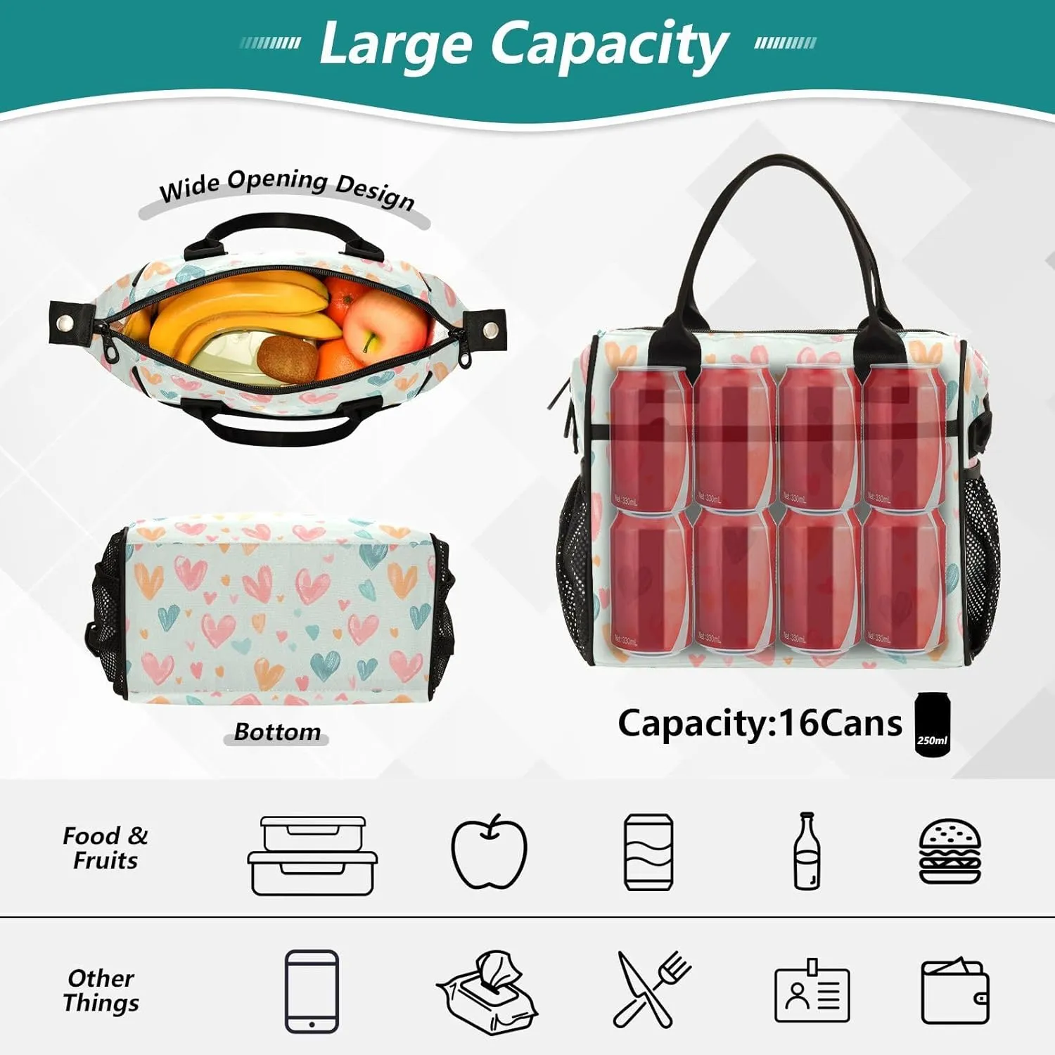 JIPONI Love Chalk Painting Insulated Lunch Bag for Women, Lunch Box With Adjustable Shoulder Belt Cooler Tote Bags For Work, Camping, Picnic