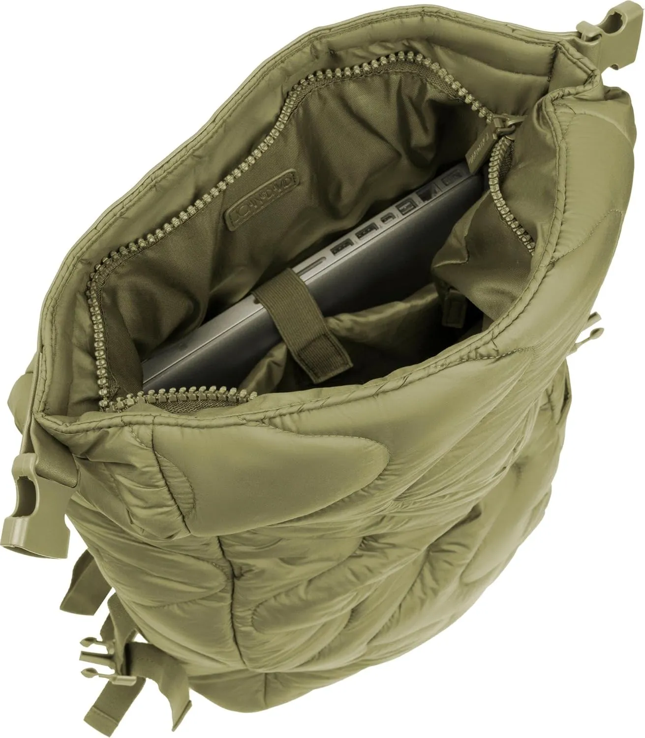 Joan & David 18 Inch Puffer Nylon Wave Quilted Foldover Workbook Backpack (Olive)