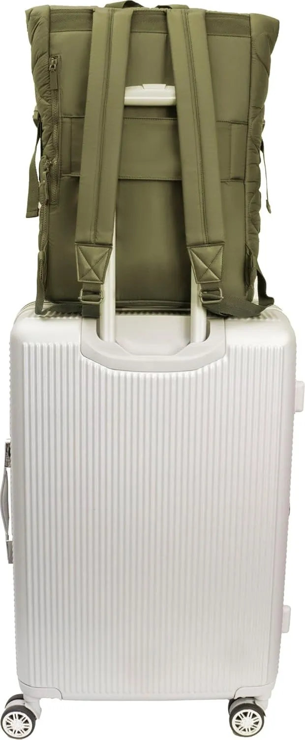 Joan & David 18 Inch Puffer Nylon Wave Quilted Foldover Workbook Backpack (Olive)