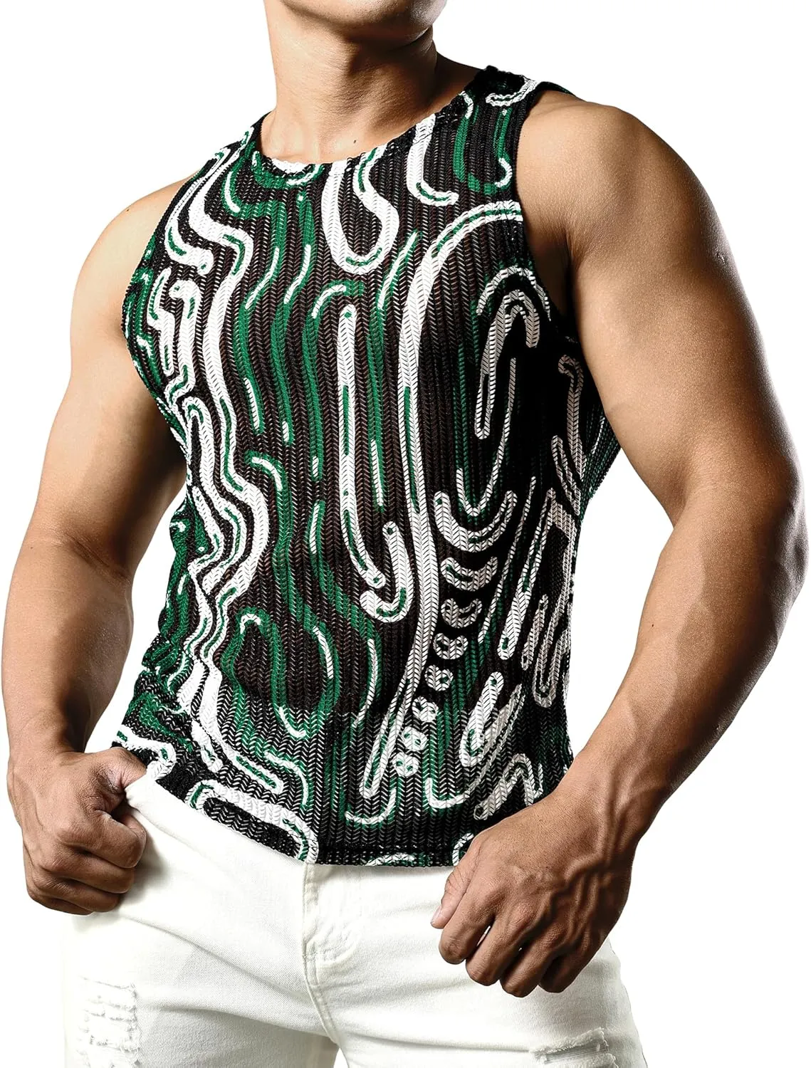 JOGAL Mens Boho Summer Tank Top Sleeveless Muscle Mesh Shirt