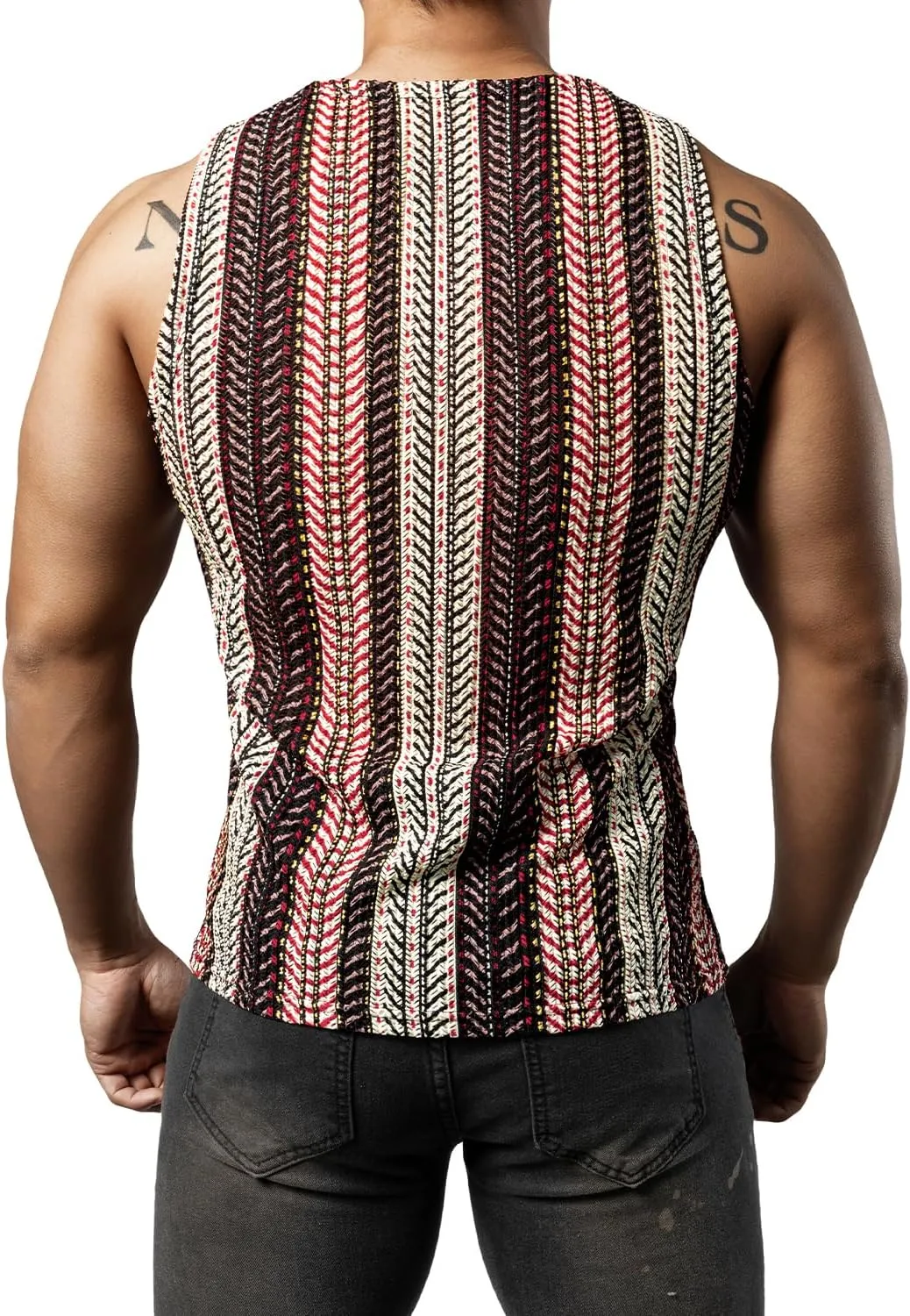 JOGAL Mens Boho Summer Tank Top Sleeveless Muscle Mesh Shirt