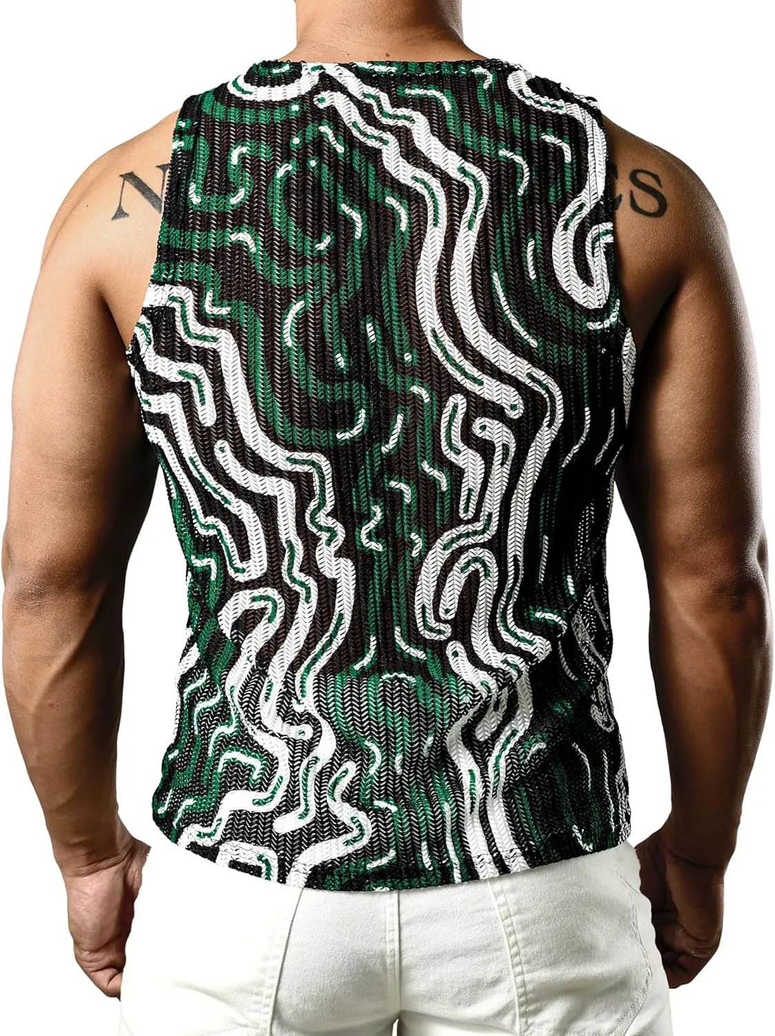 JOGAL Mens Boho Summer Tank Top Sleeveless Muscle Mesh Shirt