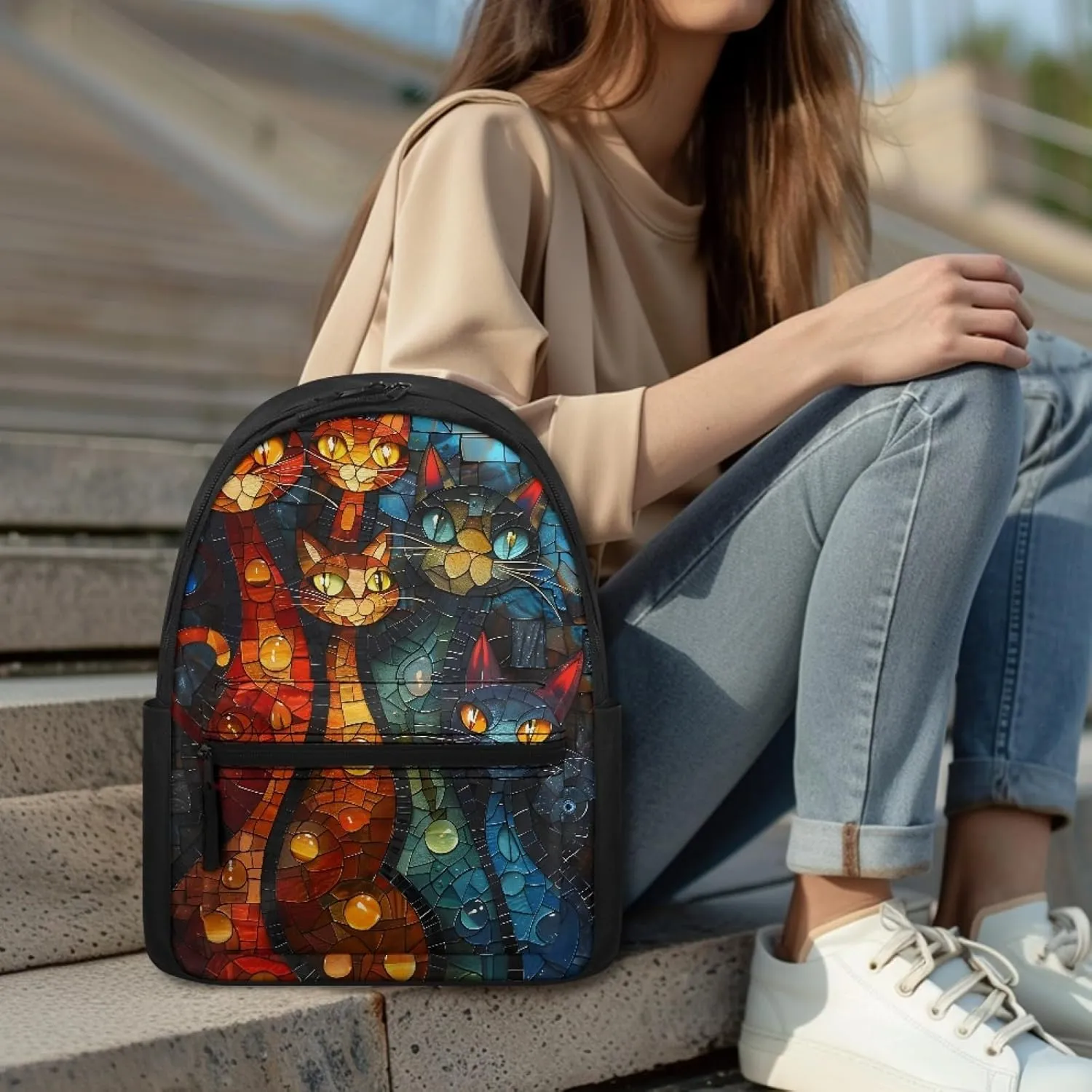 JooMeryer Galaxy Cat Print Backpack Bags for Boys Girls Kids Aniaml School Bags Casual Shoulder Bag Travel Daypack Knapsack,Art Geometry Cat 1