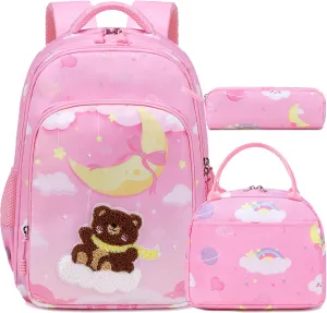 Jumpopack Cute Bear Backpack for Girls Kids School Bag Bookbag for Kindergarten Preschool Girls Backpack with Lunch Box and Penci Case