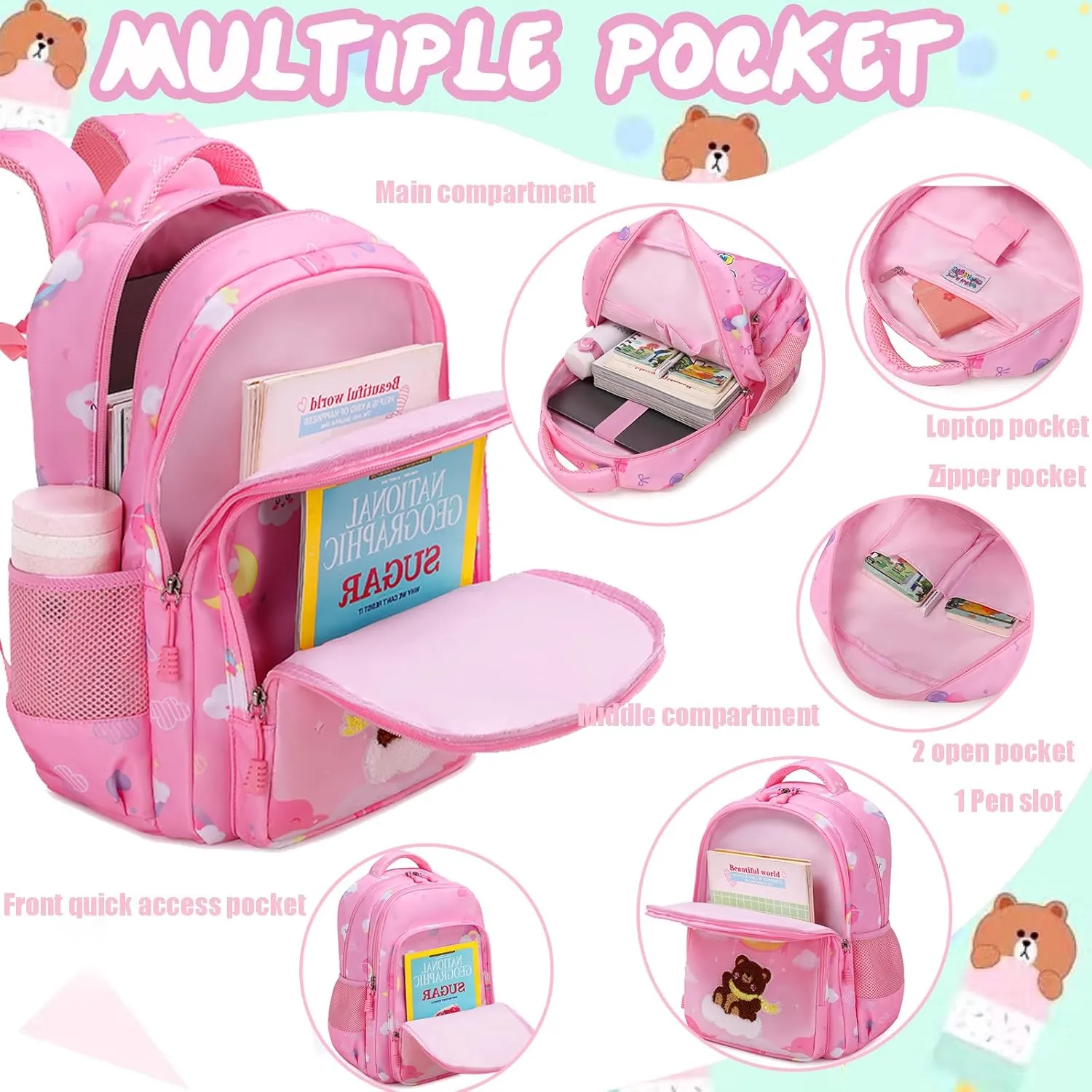 Jumpopack Cute Bear Backpack for Girls Kids School Bag Bookbag for Kindergarten Preschool Girls Backpack with Lunch Box and Penci Case