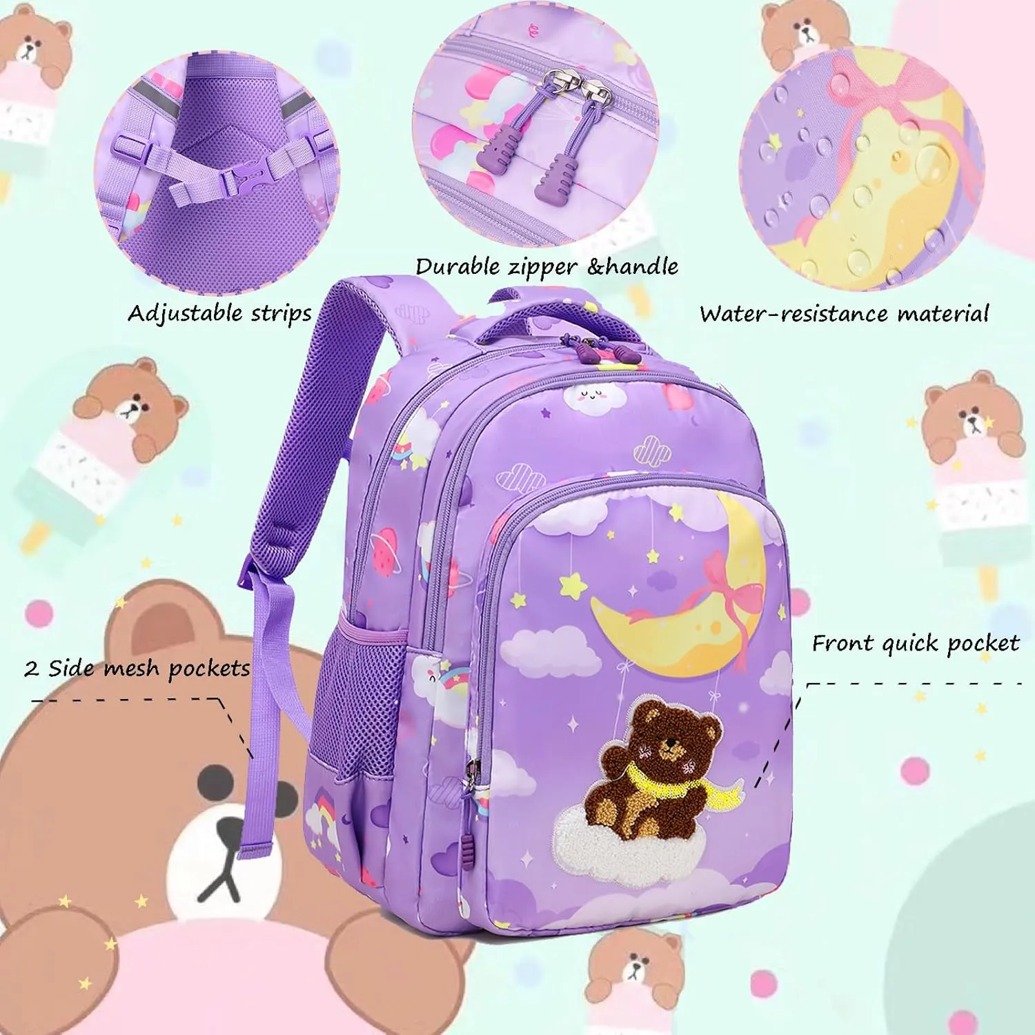Jumpopack Cute Bear Backpack for Girls Kids School Bag Bookbag for Kindergarten Preschool Girls Backpack with Lunch Box and Penci Case