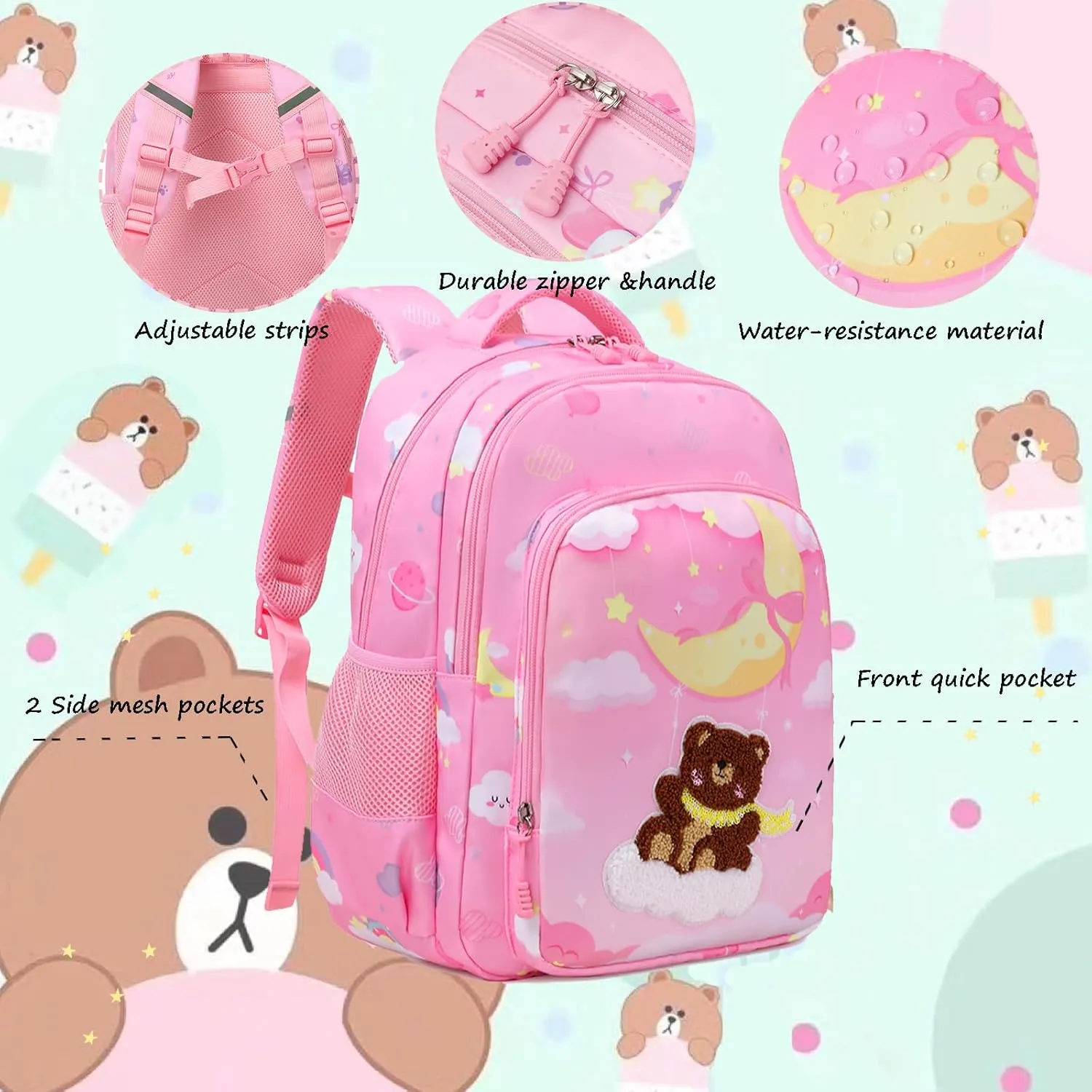 Jumpopack Cute Bear Backpack for Girls Kids School Bag Bookbag for Kindergarten Preschool Girls Backpack with Lunch Box and Penci Case