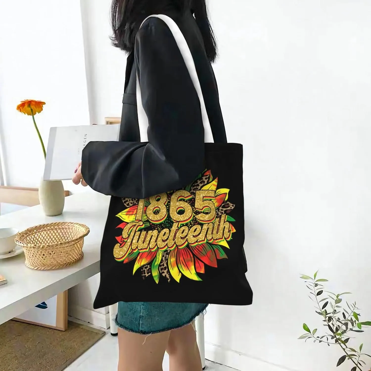 Juneteenth Black Month Lip Kiss Sunflower Tote Bag Reusable Shoulder Tote Bag For Women Lady Vacation, Shopping, Work